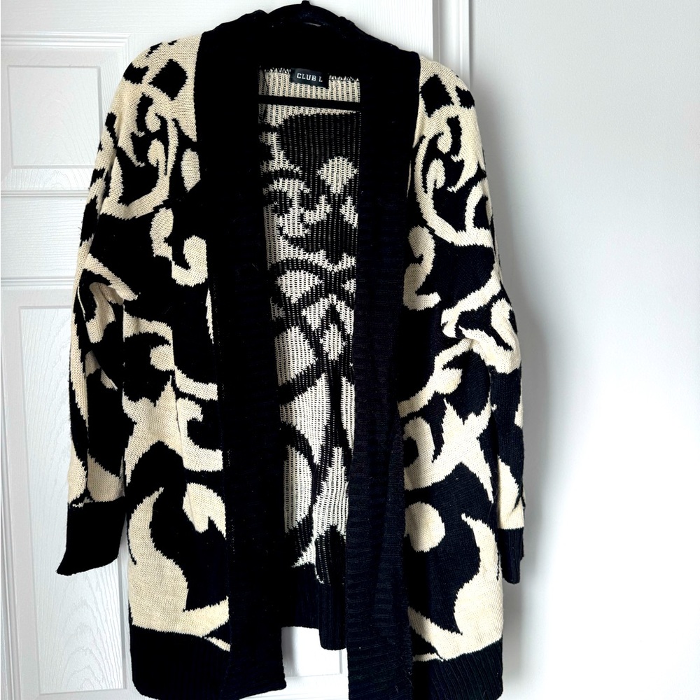 Open front print black and white Club L sweater